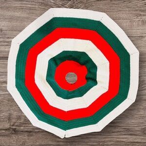 Vtg Hand Crocheted Christmas Tree Skirt 40” Homemade Red Green White